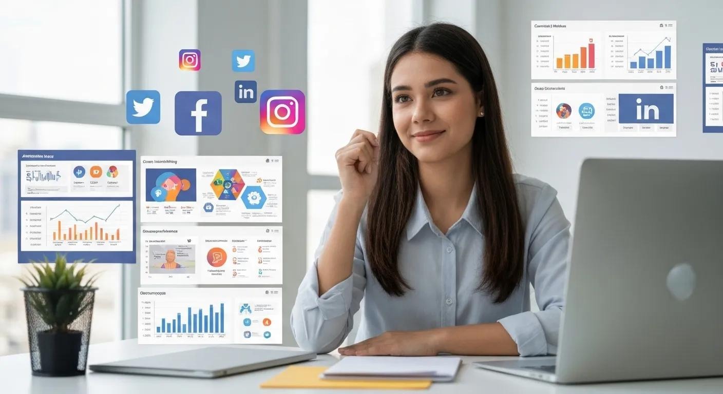 Small business owner planning advertising on a budget with social media ads, Google Ads, and content marketing materials, representing affordable marketing strategies for SMBs