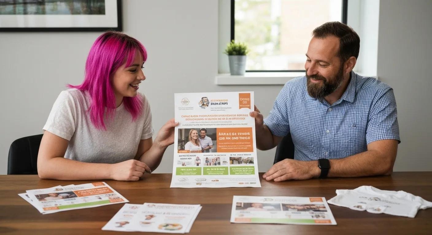 Two small business owners collaborating on joint promotions, local events, and shared campaigns, showcasing partnerships and cross-promotion to enhance budget advertising for SMBs