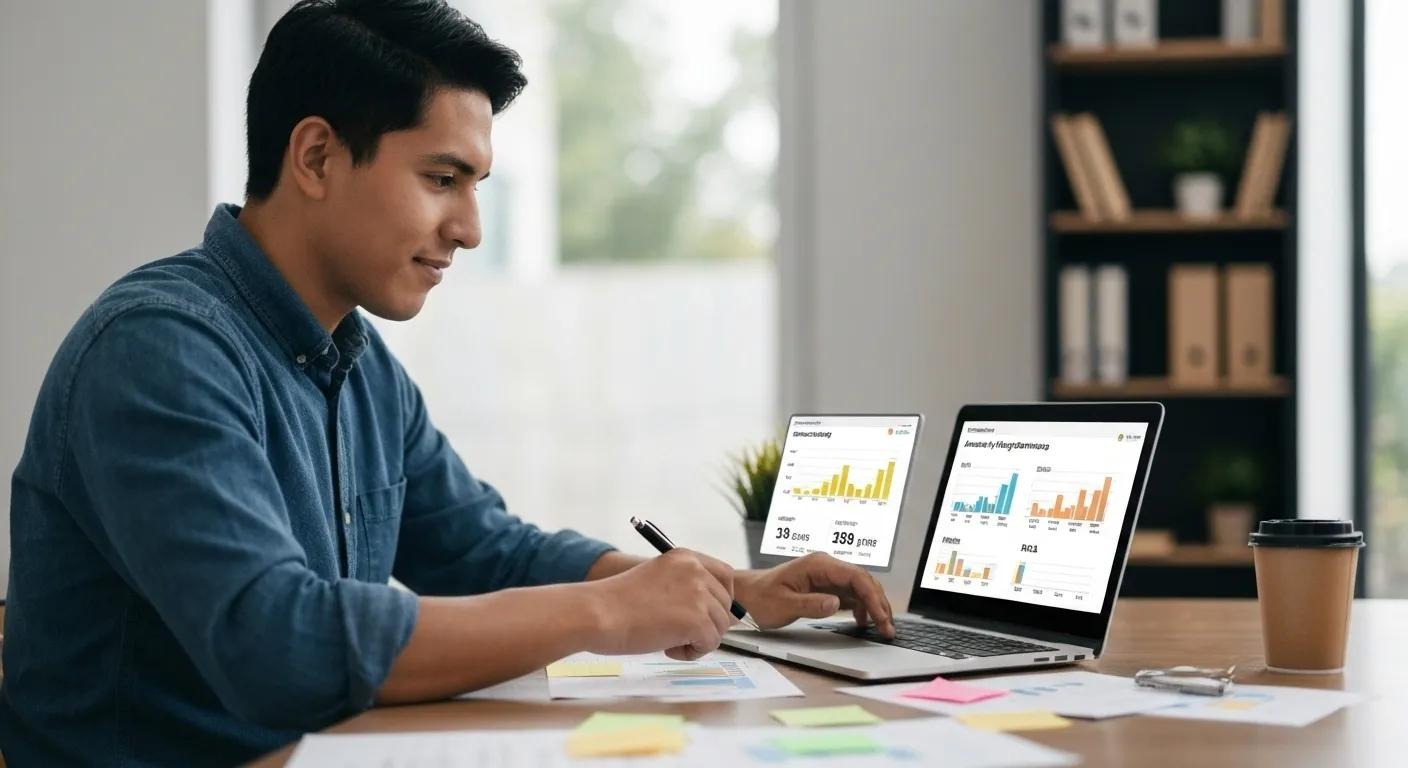 Small business owner analyzing advertising performance with metrics like CTR, conversion rate, and ROAS on a laptop, demonstrating tracking, optimization, and budget-friendly marketing strategies for SMBs
