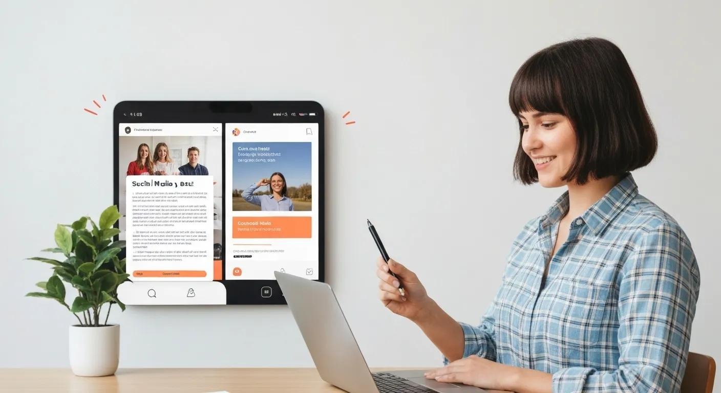 Entrepreneur repurposing content from blogs into social media posts, videos, and infographics, illustrating content marketing and budget-friendly advertising for small businesses