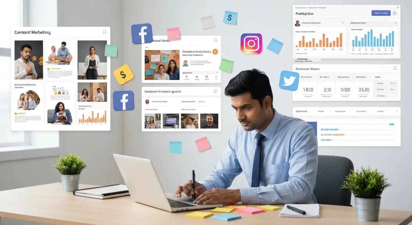 Business owner analyzing audience insights and setting marketing goals, creating buyer personas for effective small business advertising and budget-friendly marketing strategies