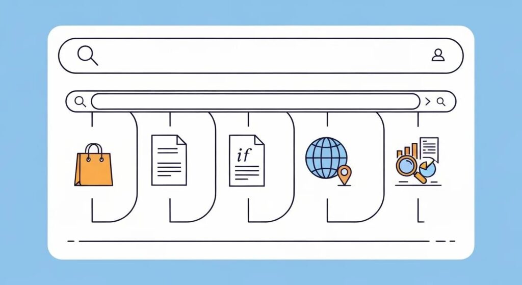 Search intent types shown with icons for information, navigation, comparison, and purchase