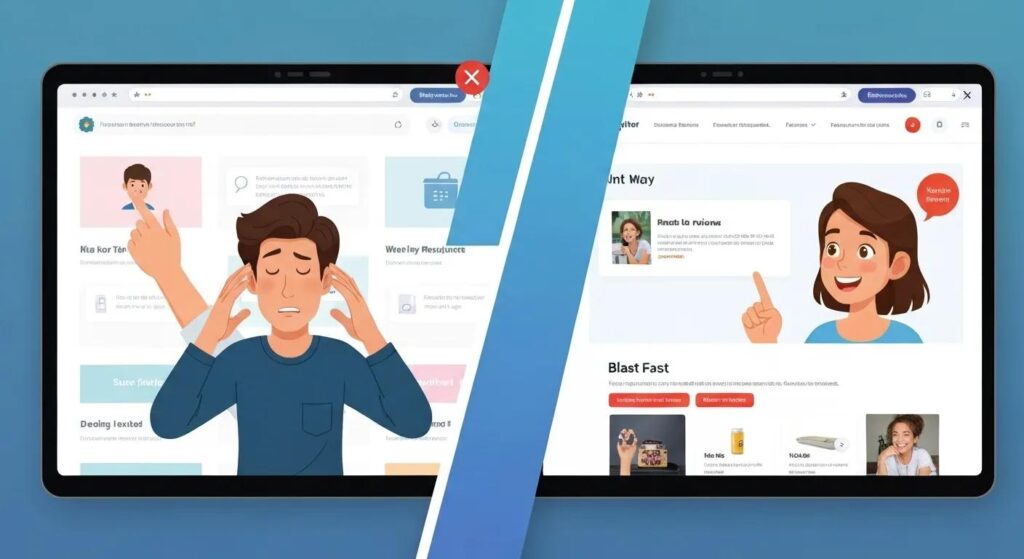 Split-screen showing a slow-loading website with user leaving and a fast-loading site with user staying engaged.