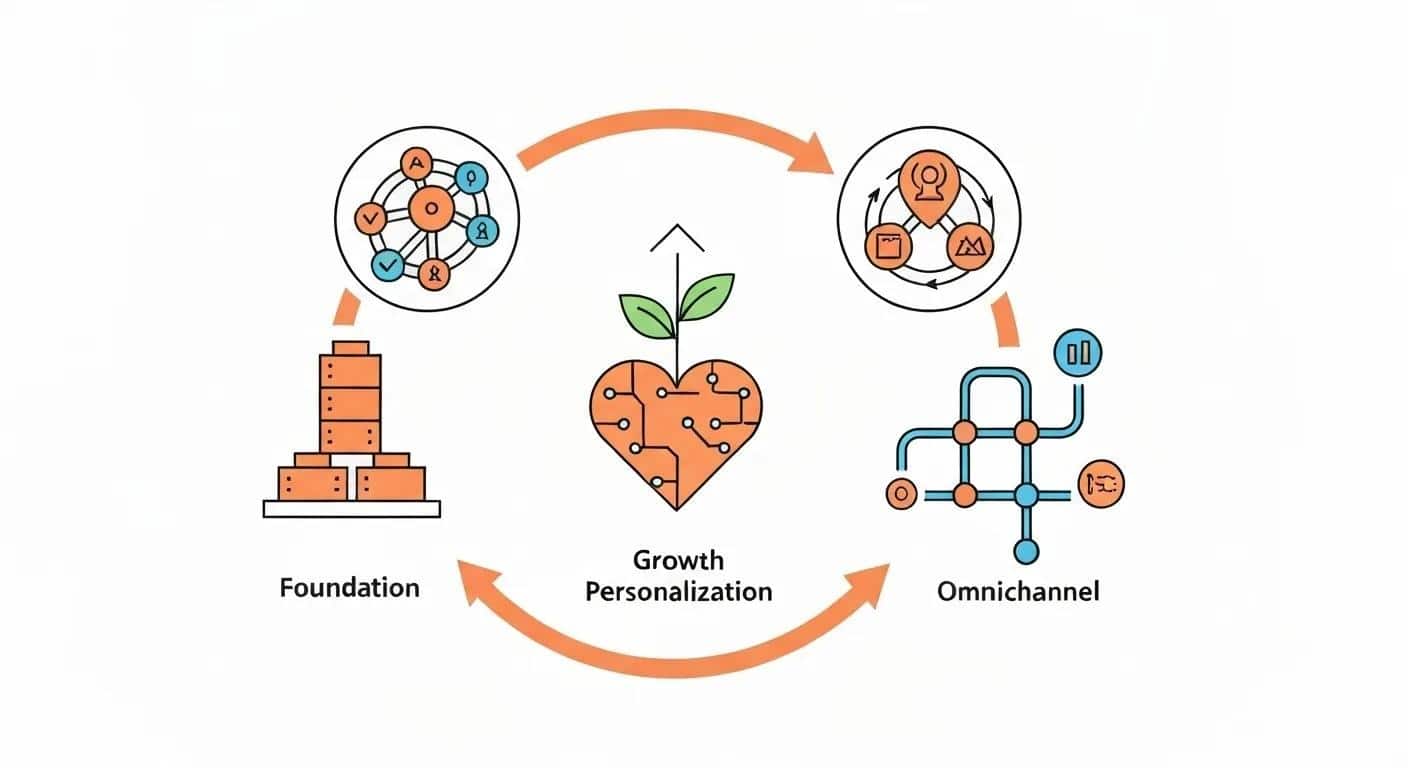 Illustration of four icons connected in a circular flow, representing foundation, growth, personalization, and omnichannel strategies.