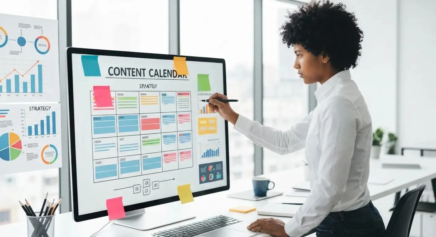 A professional workspace with a person drawing a content calendar on a large digital screen, sticky notes around, charts, graphs, and strategy diagrams, modern vector style.