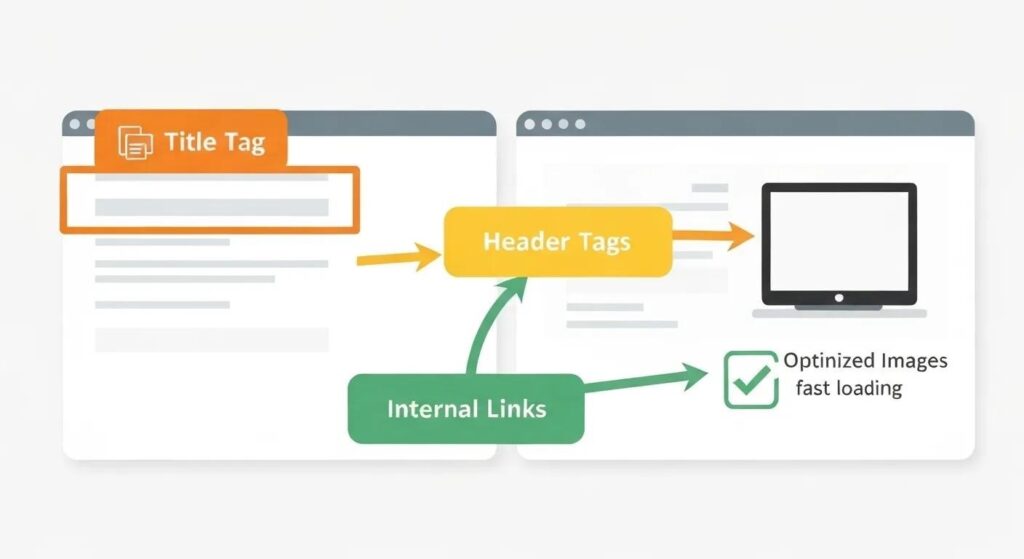 Diagram of a small business webpage with highlighted elements like title tag, meta description, header tags, internal links, and optimized images.