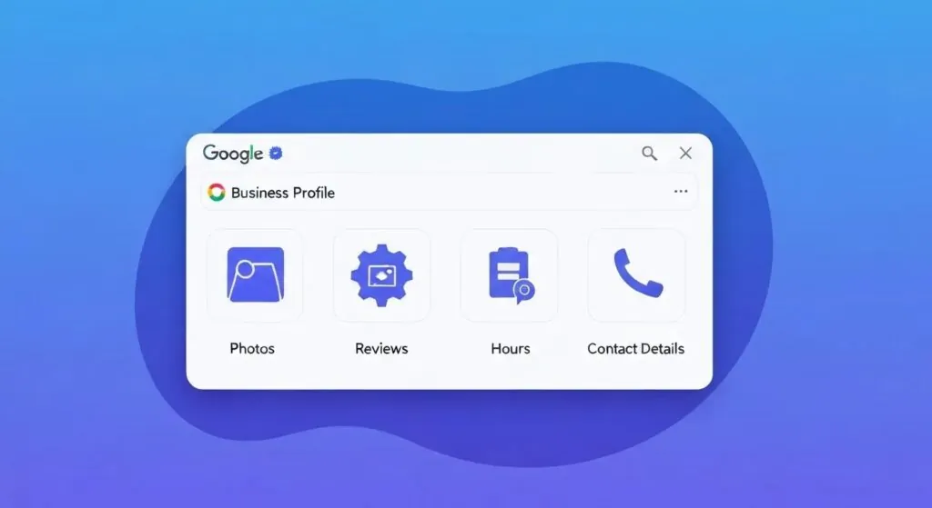 Illustration of a Google Business Profile with icons for photos, reviews, hours, and contact details, highlighting essential features for small businesses.