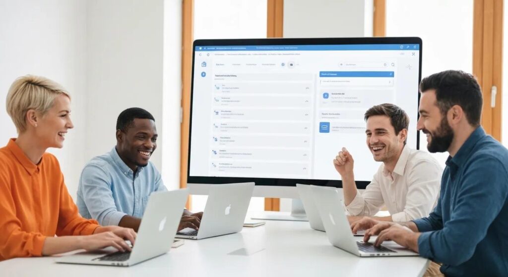 A small team actively collaborating remotely using project management software during a video conference