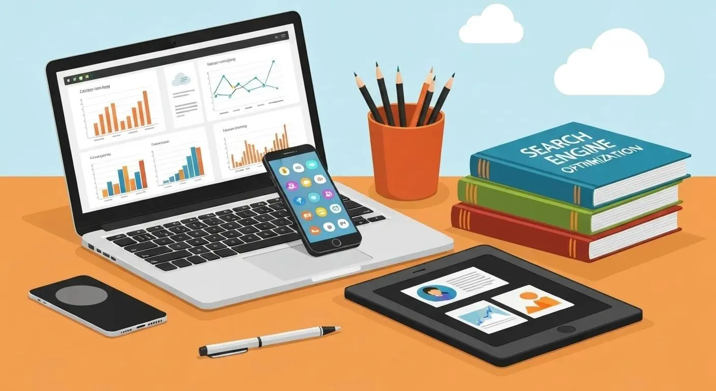 Workspace desk with an array of marketing tools: laptop showing analytics, smartphone with social media apps, graphic design tablet, books on SEO, and cloud icons, modern flat vector.