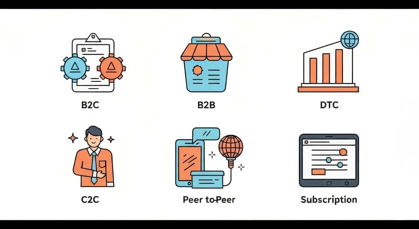 Illustration showing ecommerce business models B2C, B2B, DTC, C2C, and subscriptions with simple icons.