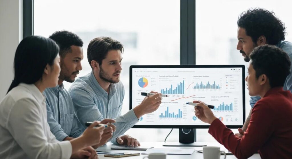 A marketing team analyzing customer data to develop purchase behavior segmentation strategies.