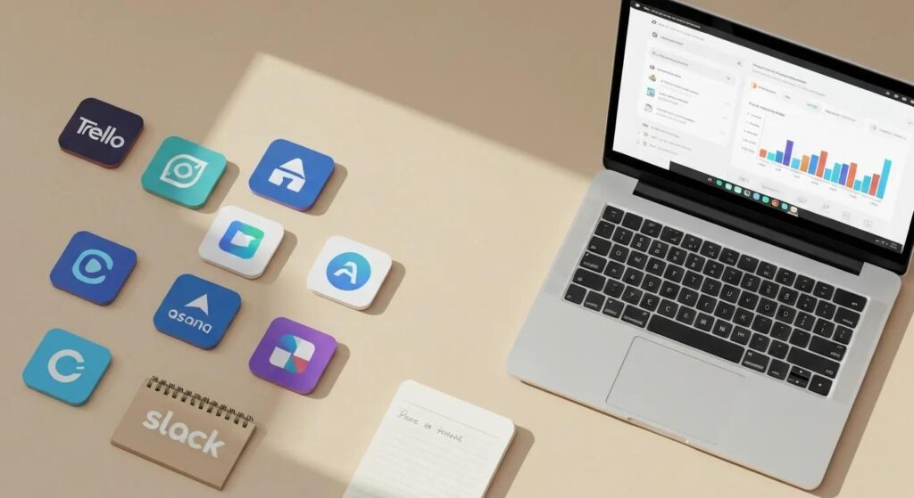 A desk setup featuring project management software logos, a laptop, and a notepad, arranged in a flat lay style