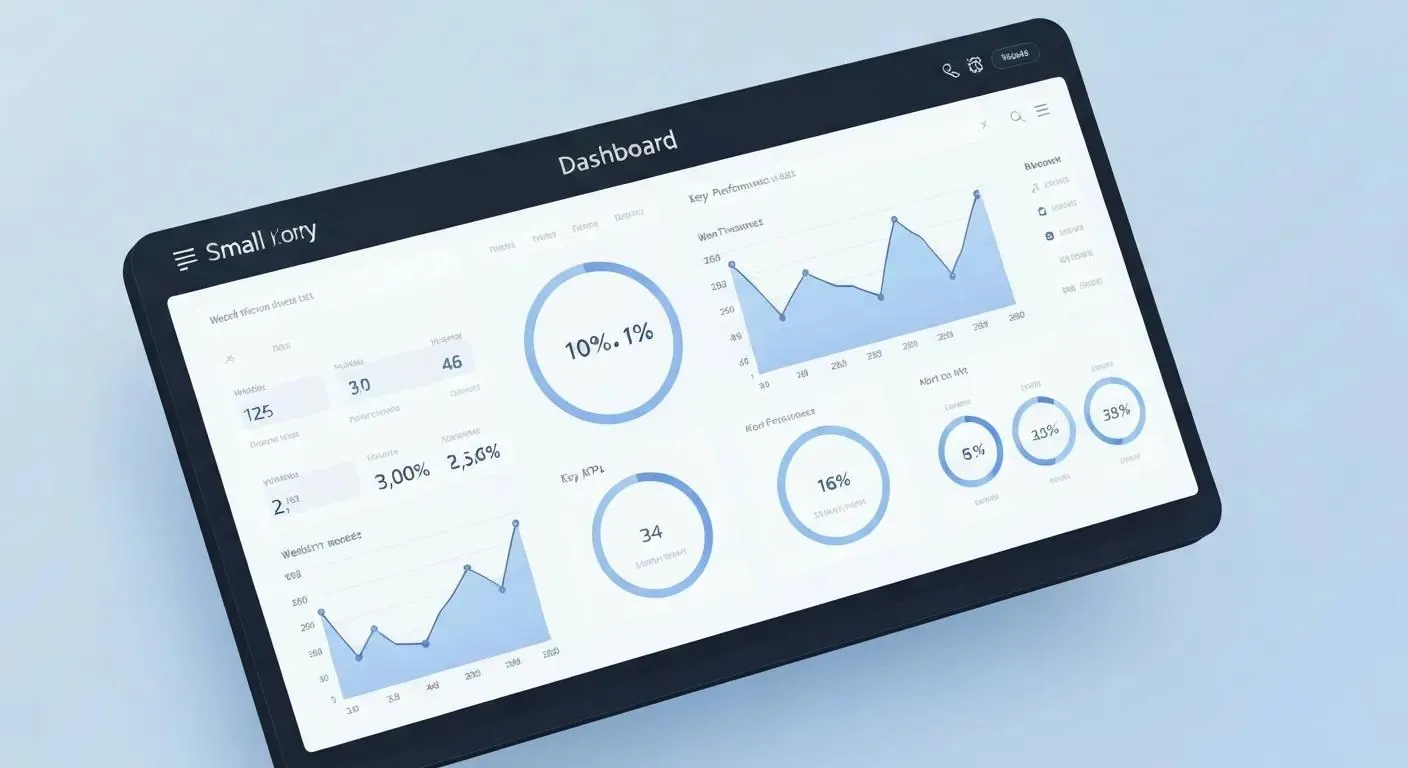 Dashboard style illustration showing charts, graphs, KPIs, website analytics, and lead tracking for a small business, futuristic clean design.