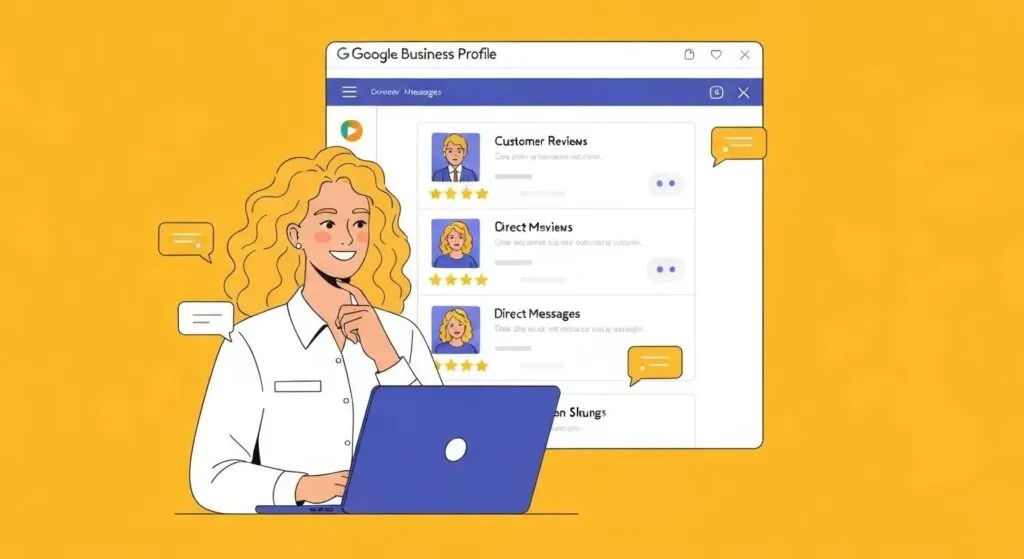 Illustration of a business owner responding to customer reviews and messages on a Google Business Profile dashboard.