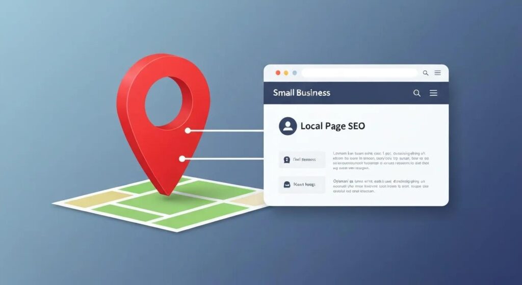 Illustration of a local map pin connected to a small business website page, symbolizing integration of local SEO with on-page SEO.