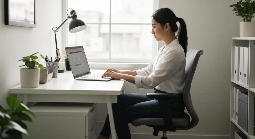 A small business owner efficiently using keyword research tools on a computer in a comfortable office setting