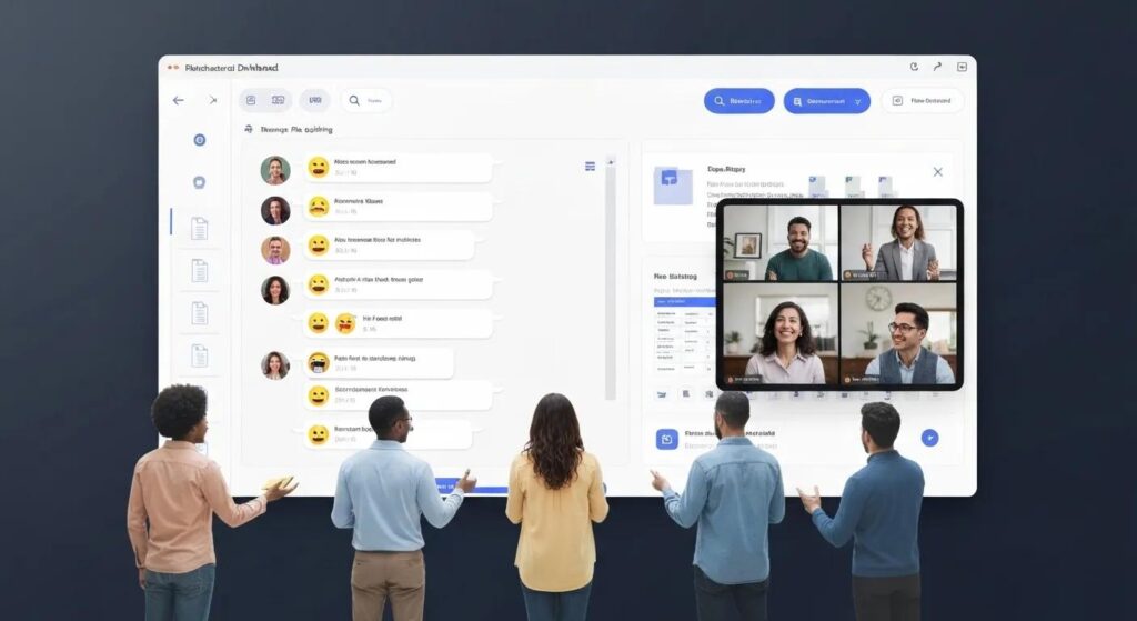 Team using shared chat, file sharing, and video call tools inside the dashboard of project management software.
