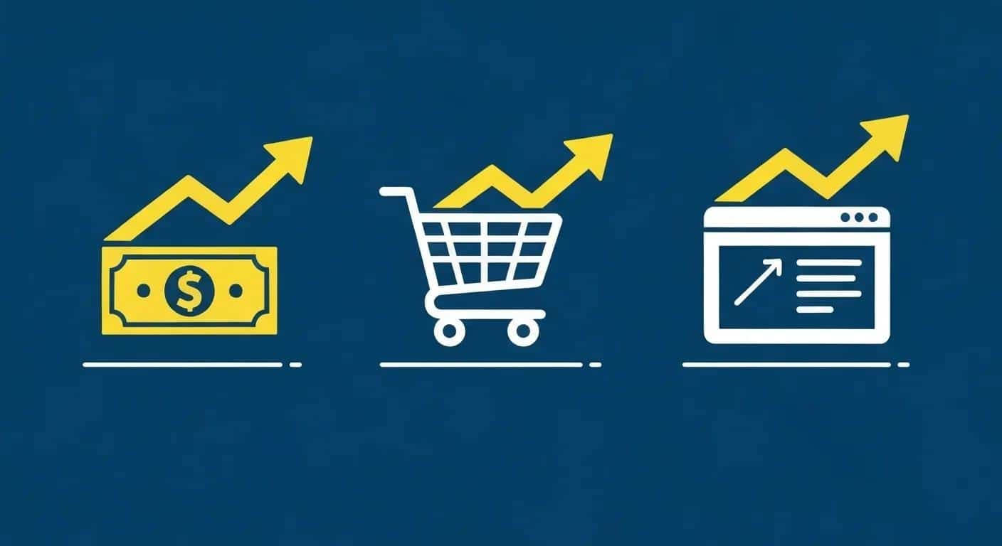 Illustration showing icons of money, shopping cart, and website with arrows above them to represent revenue, conversions, and traffic growth.