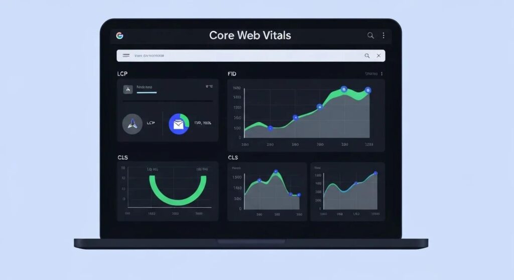 Illustration of Google Core Web Vitals metrics—LCP, FID, CLS—displayed on a laptop screen with performance gauges.