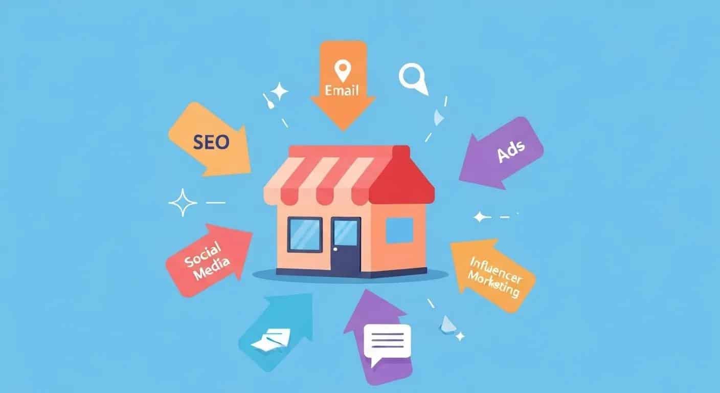 Illustration of arrows pointing to a store icon from SEO, social media, paid ads, email, and influencer marketing.