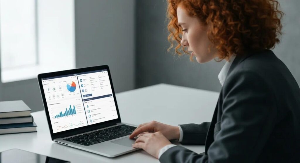 owner of SBM reviews a laptop, comparing different project management software options side by side.