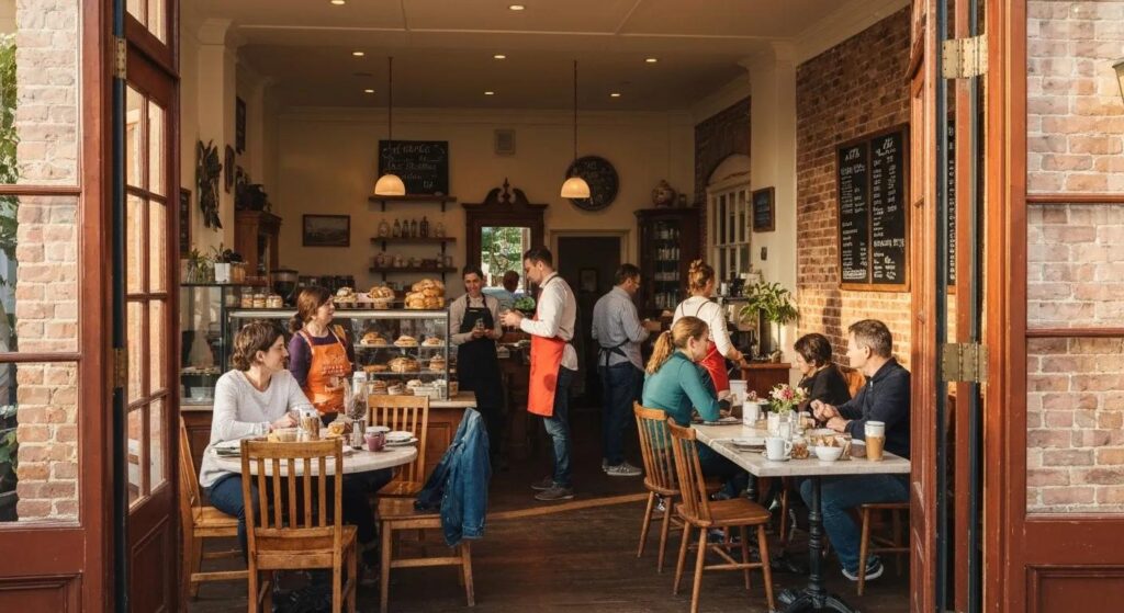 A local café engaging customers during a community event with special seasonal promotions.