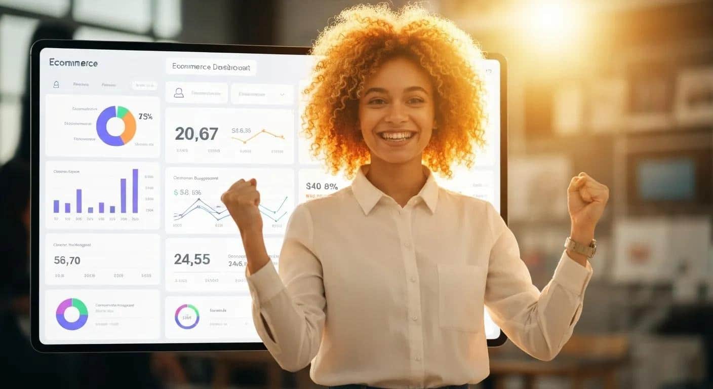 Image of a small business owner celebrating success in front of an ecommerce dashboard showing growth metrics.