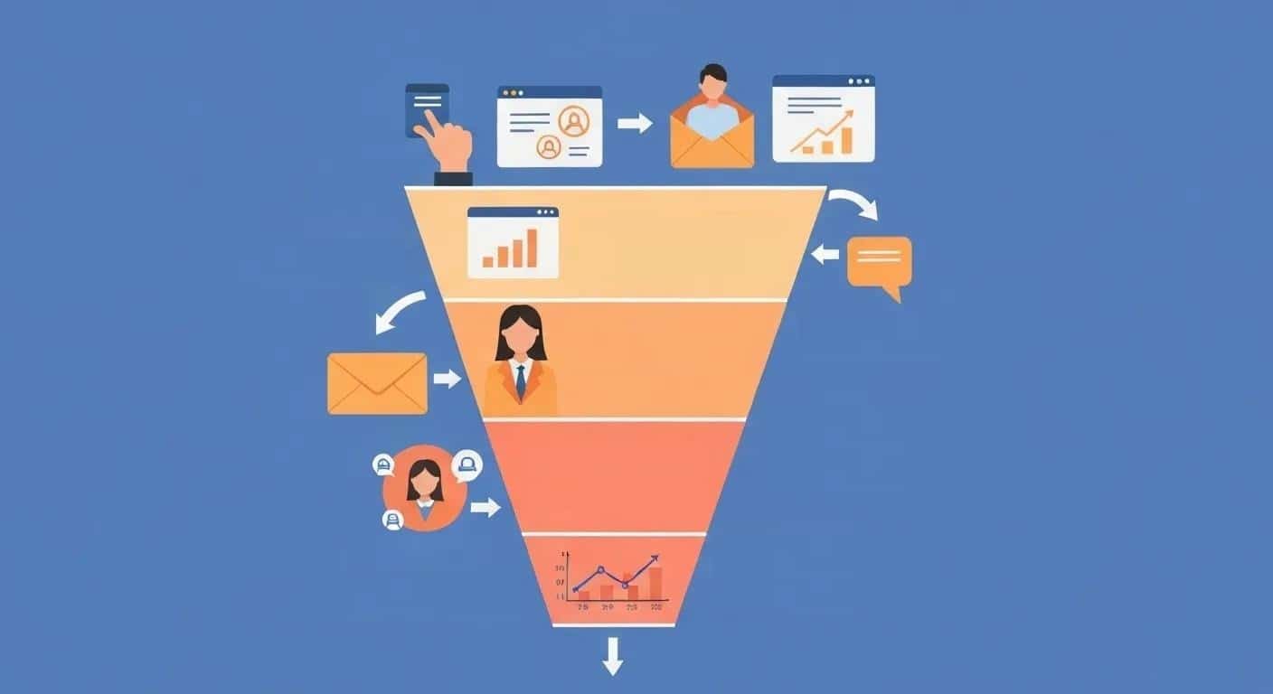 Illustration of a funnel with website visitors turning into loyal customers, showing conversion rate optimization and retention for small businesses.