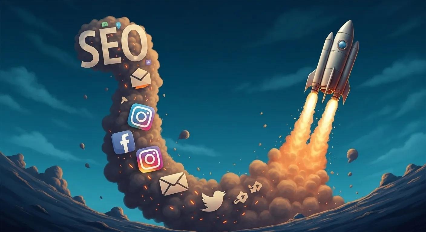 Illustration of a rocket launching upward, its smoke trail forming icons for SEO, social media, and email, symbolizing business growth and visibility.