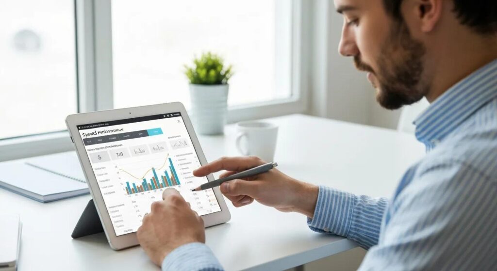 A person analyzing website performance on a tablet, with speed measurement tools visible in a bright workspace