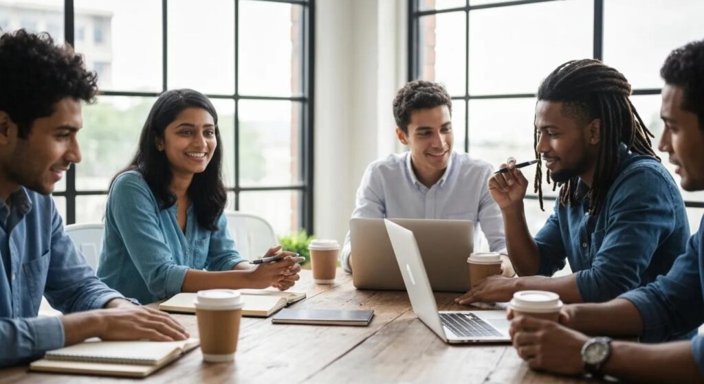 A diverse group of small business owners collaborating around a table, discussing CMS options