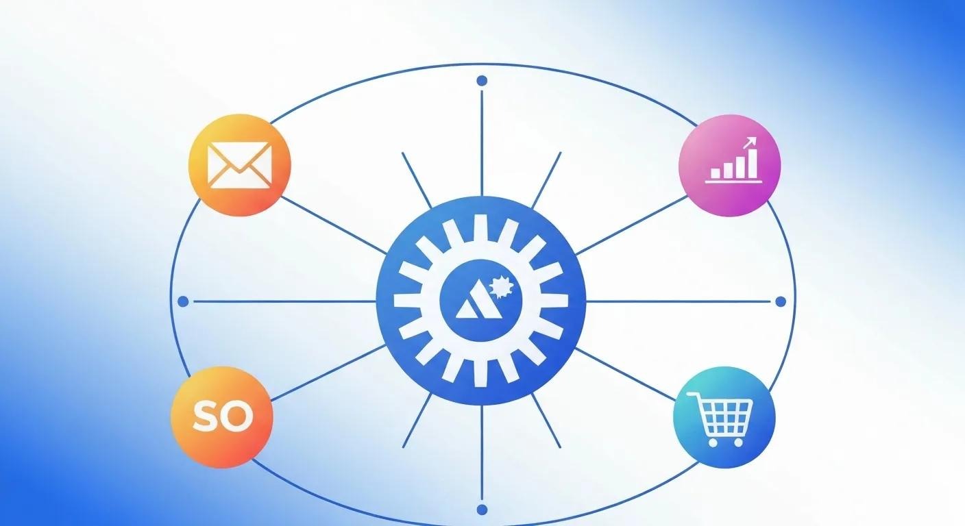 Illustration of digital icons for email, analytics, SEO, and shopping cart orbiting around a central hub, symbolizing how tools empower small businesses.
