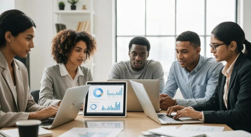 Diverse team of small business professionals collaborating on data insights, highlighting the benefits of analytics tools for growth