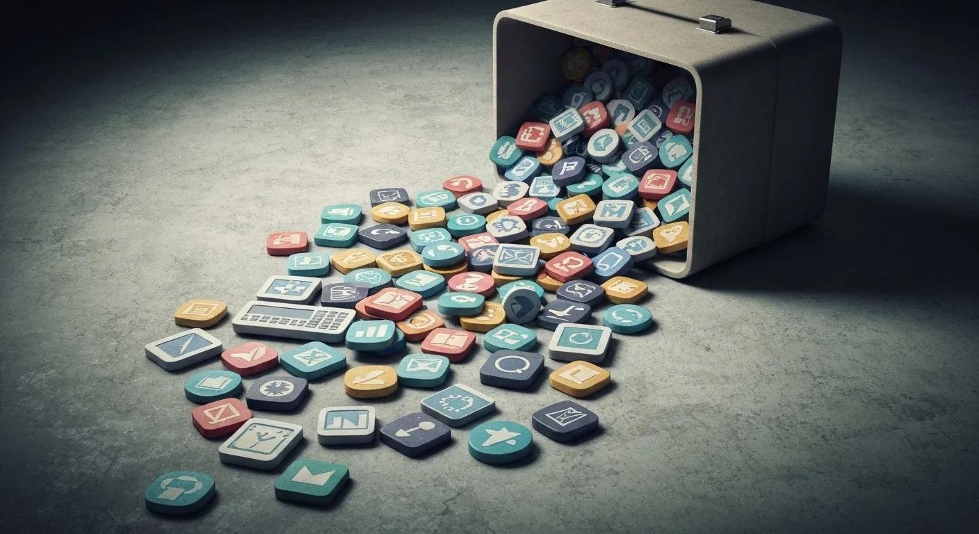 Illustration of an overflowing toolbox spilling mismatched digital icons, symbolizing wasted time, money, and inefficiency from poor tool choices.