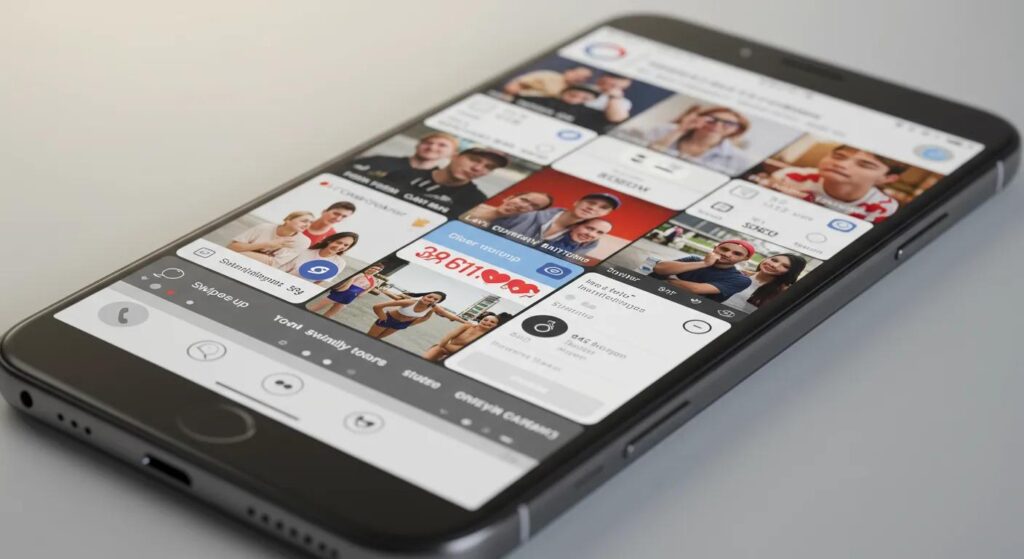 Smartphone displaying trending social media formats like short-form videos and user-generated content