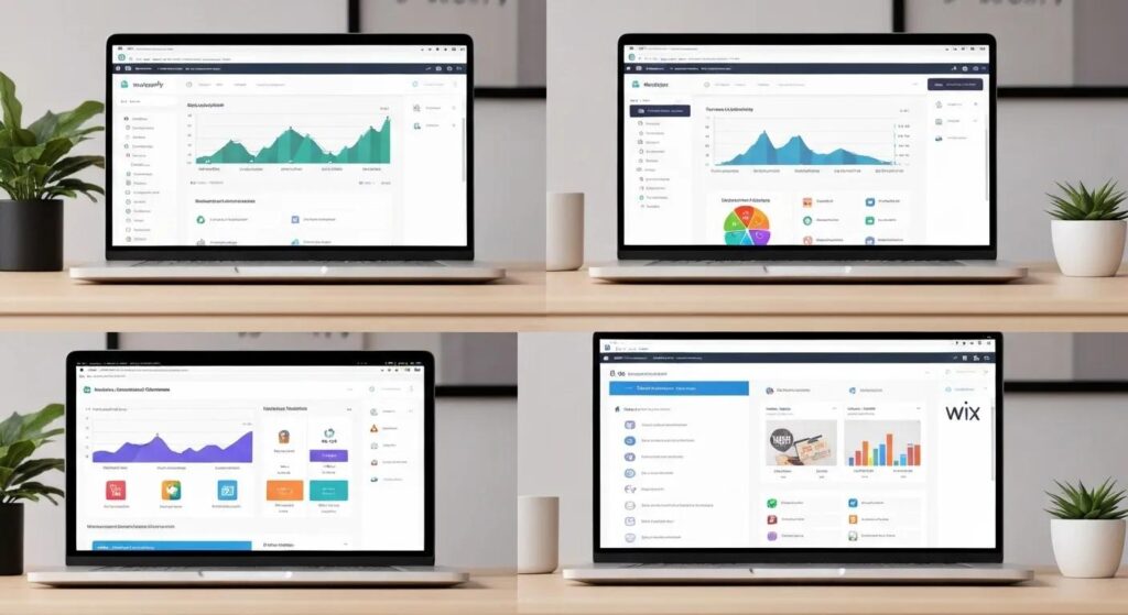 Comparison of Shopify, BigCommerce, WooCommerce, and Wix dashboards on laptop screens