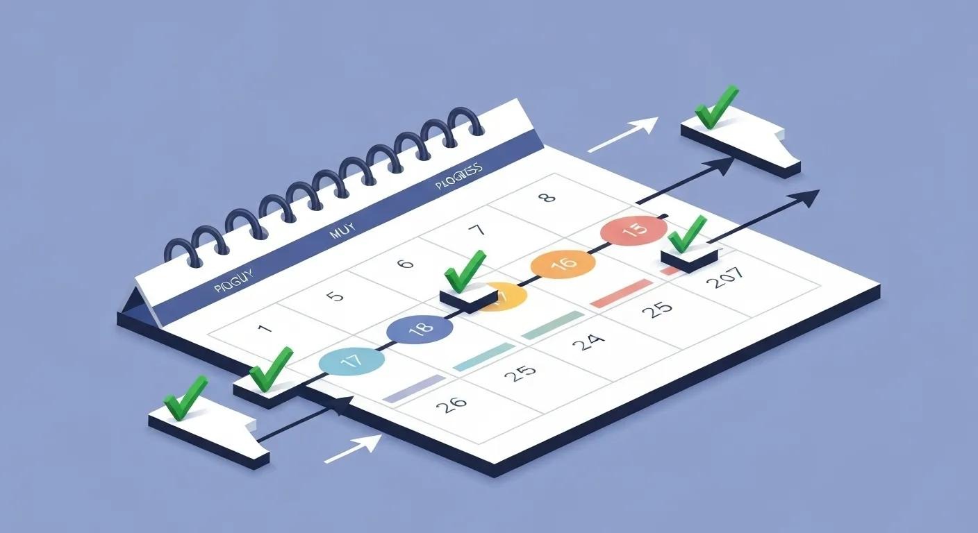 Illustration of a calendar with progress arrows and checkmarks, symbolizing step-by-step planning and structured execution.