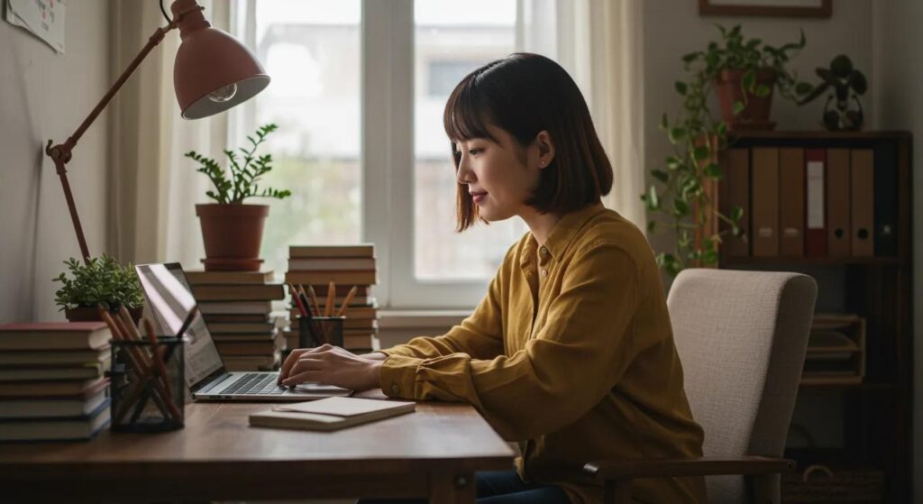 Small business owner creating evergreen social media content in a cozy office