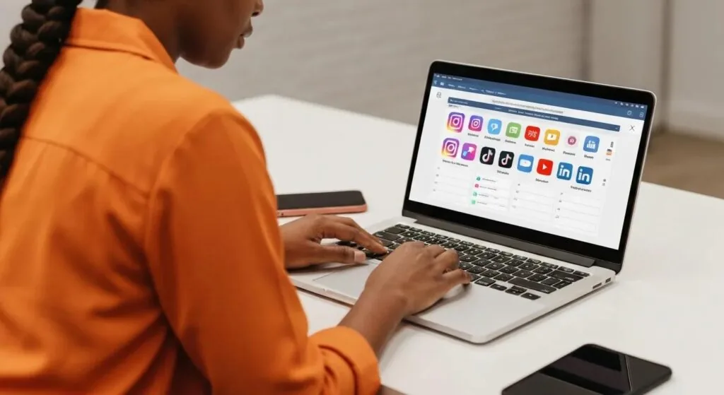 Marketer planning a social media content calendar on a laptop with icons for major platforms