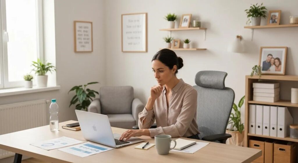 A small business owner thoughtfully comparing various marketing automation software options in a comfortable and organized workspace