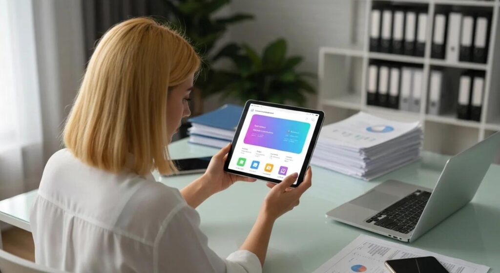 Small business owner using AI features for content scheduling on a tablet