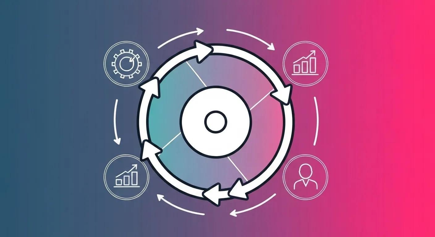 Illustration of a circular flywheel with arrows rotating around icons for strategy, integration, and results, symbolizing sustainable growth momentum.