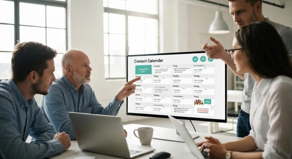 Team collaboration around a content calendar for social media scheduling