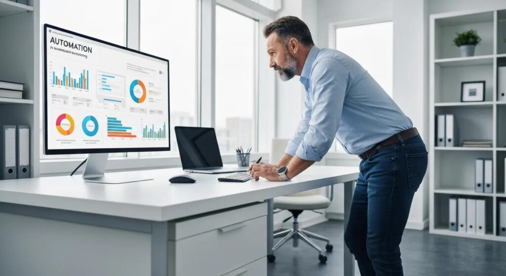 A small business owner intently analyzing marketing data, clearly demonstrating the powerful benefits of automation