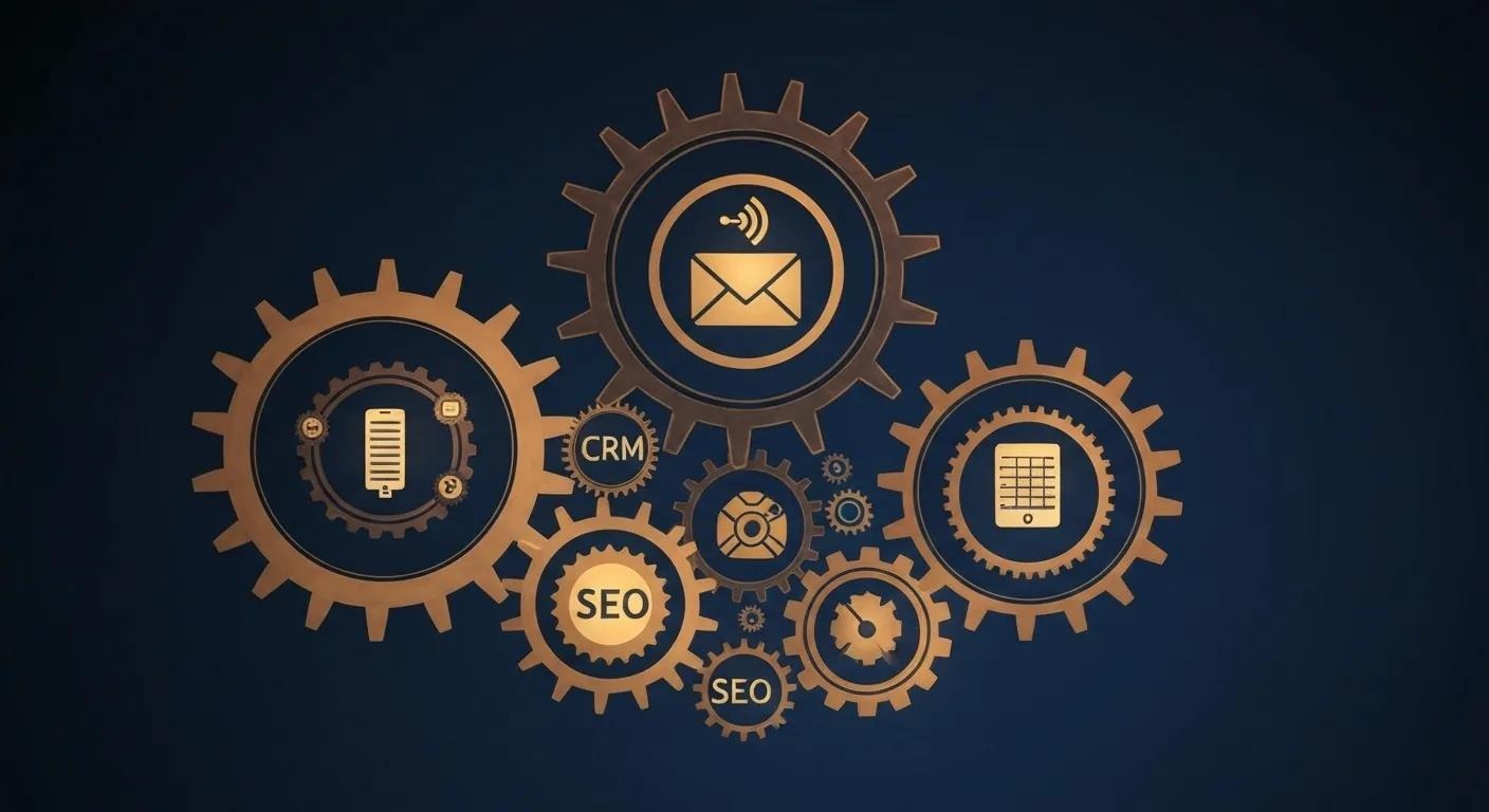 Illustration of interlocking gears, each gear glowing with CRM, email, social media, SEO, and e-commerce icons, all working in harmony.