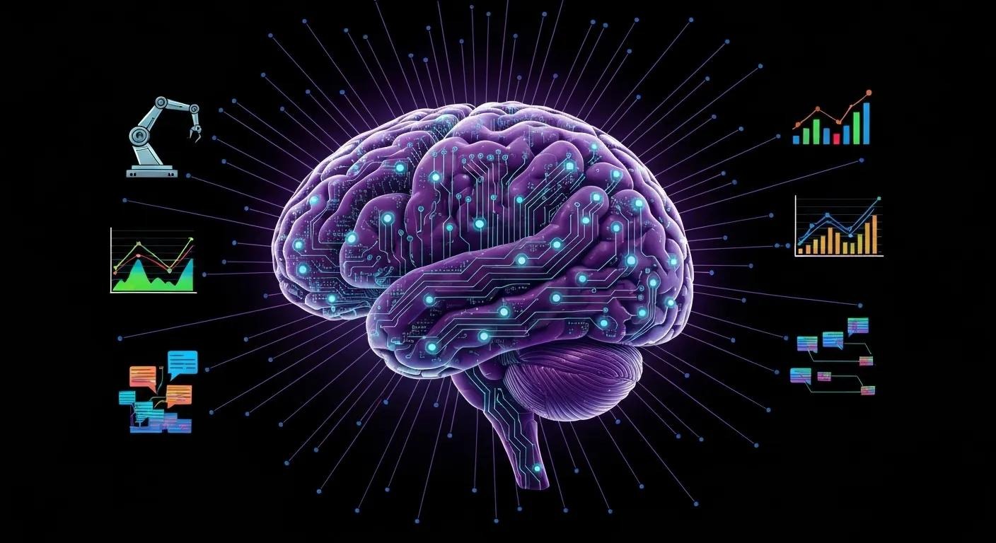 Illustration of a futuristic AI brain connected by glowing lines to icons for automation, data charts, and digital workflows.