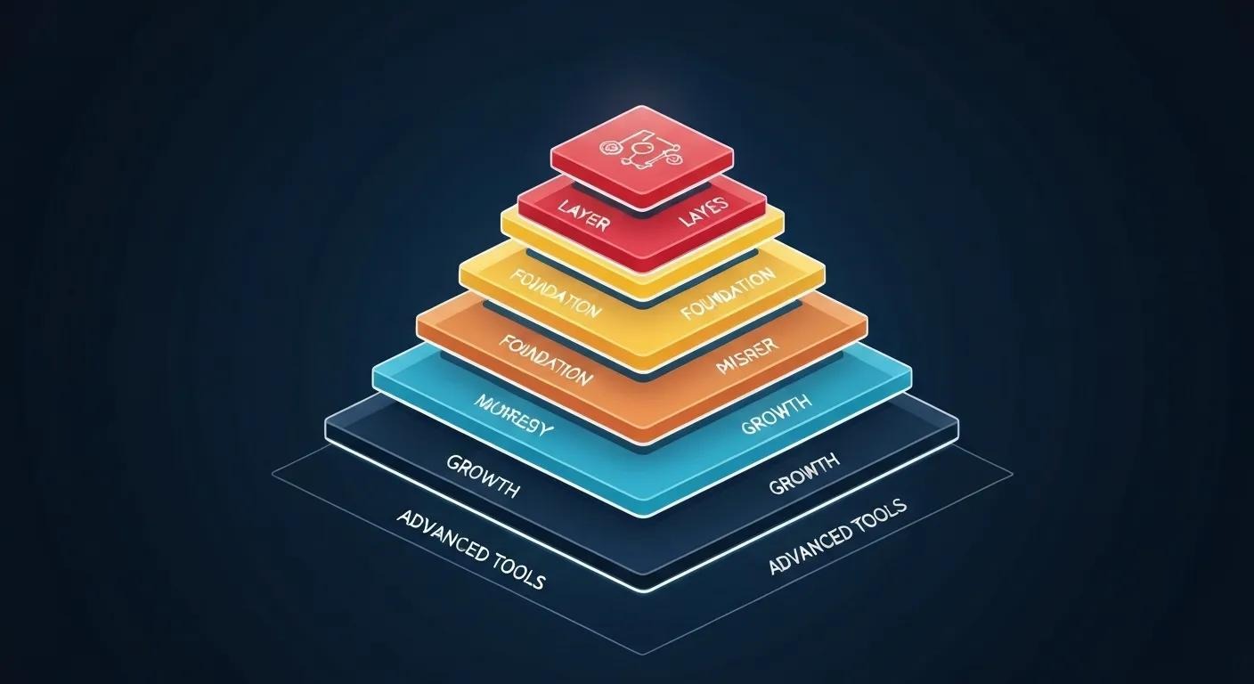Illustration of a pyramid made of glowing digital layers, each labeled with icons for foundation, growth, and advanced tools, symbolizing a structured framework.
