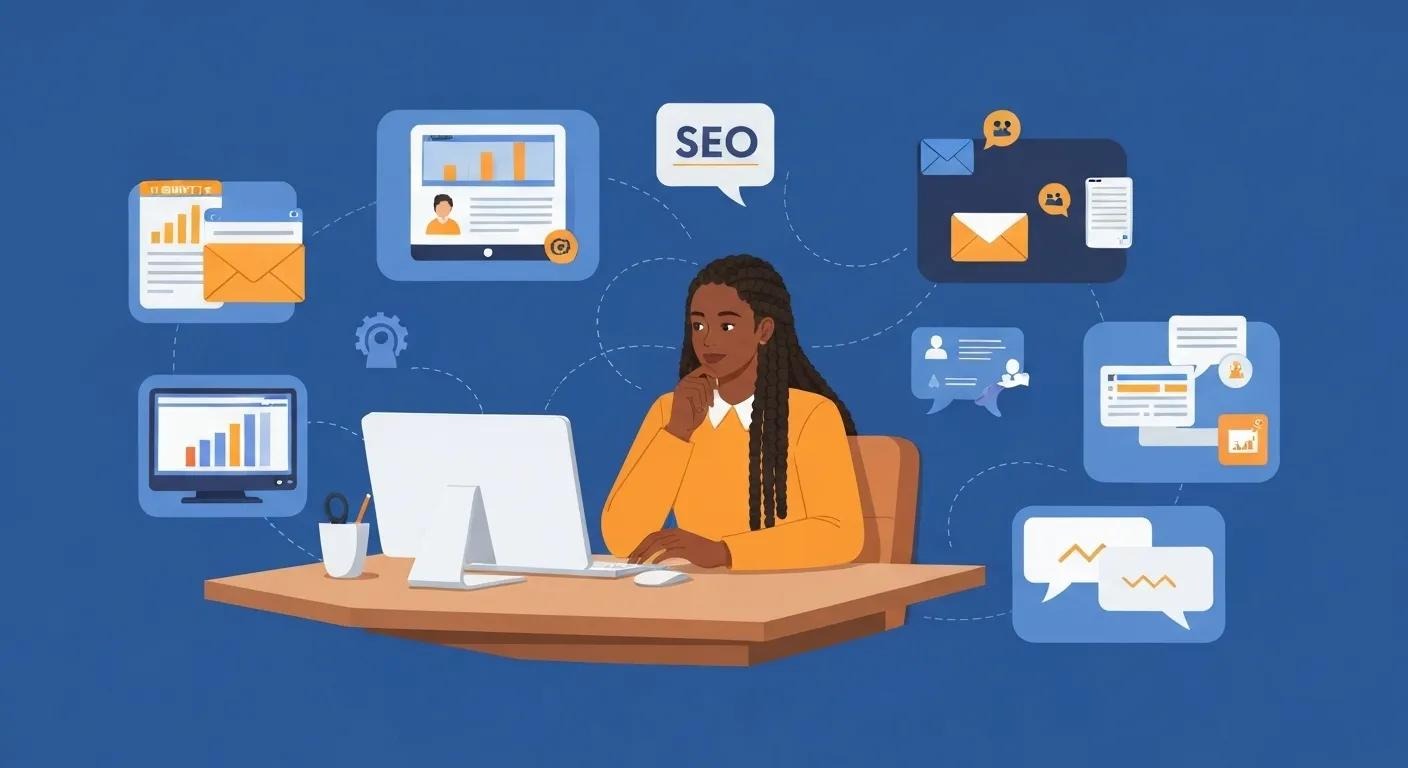 Illustration of a small business owner at a desk with icons for website, SEO, email, social media, and e-commerce floating around, symbolizing a complete marketing stack.
