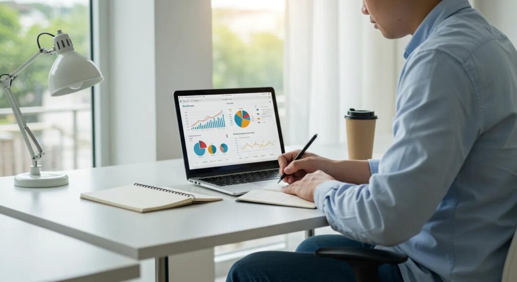 A person diligently writing SMART goals for content marketing, with analytics data clearly visible on a laptop screen