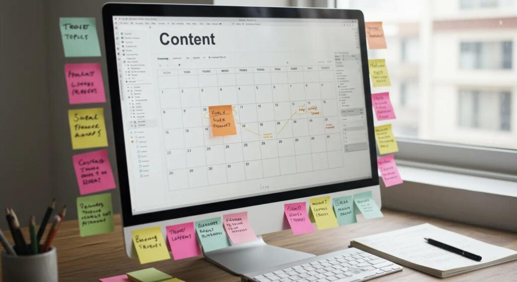 A content calendar displayed on a computer screen, surrounded by sticky notes and a planner in an organized workspace
